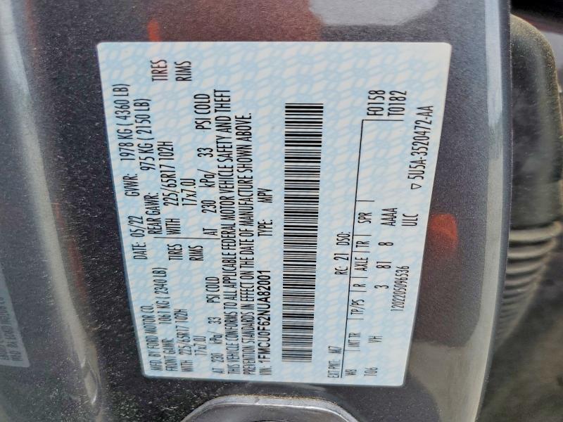 Aukcja sprzedaży 2022 Ford Escape, vin: 1FMCU0F62NUA82001, numer aukcji: 54600166