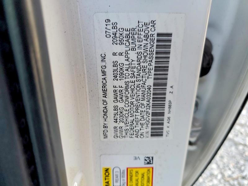Продаж на аукціоні авто 2019 Honda Accord, vin: 1HGCV2F32KA032040, номер лоту: 53339306