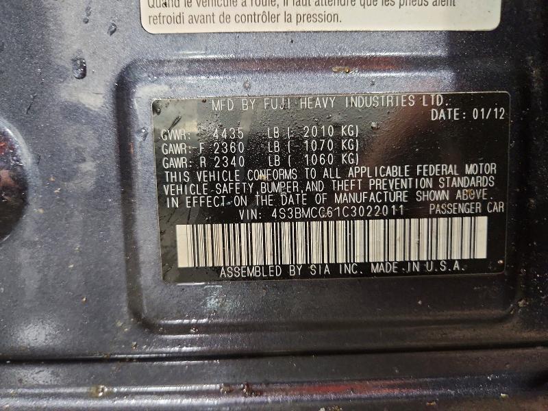 2012 Subaru Legacy მანქანა იყიდება აუქციონზე, vin: 4S3BMCC61C3022011, აუქციონის ნომერი: 54649596