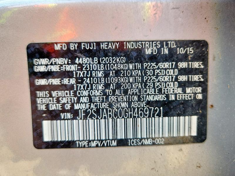 53537346 :رقم المزاد ، JF2SJABC0GH469721 vin ، 2016 Subaru Forester مزاد بيع