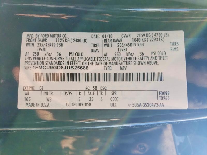 Продажа на аукционе авто 2018 Ford Escape, vin: 1FMCU9GD8JUB25686, номер лота: 52345646