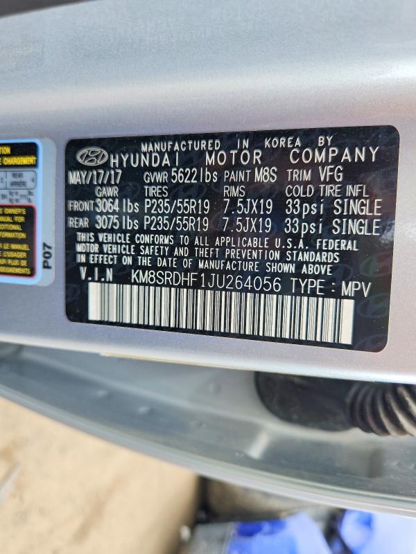55253896 :رقم المزاد ، KM8SRDHF1JU264056 vin ، 2018 Hyundai Santa Fe مزاد بيع
