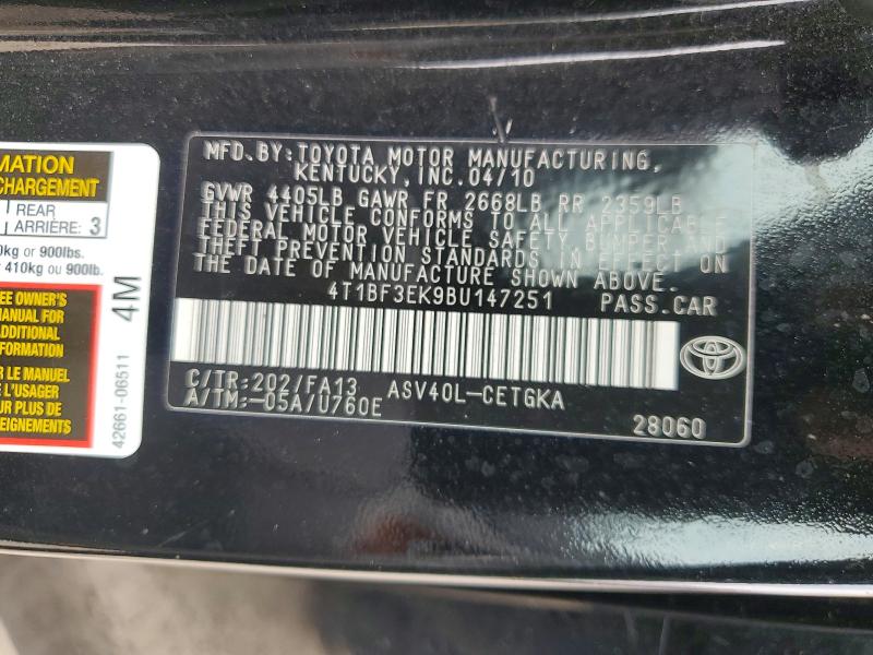 53617636 :رقم المزاد ، 4T1BF3EK9BU147251 vin ، 2011 Toyota Camry مزاد بيع