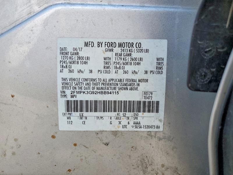 2017 Ford Edge მანქანა იყიდება აუქციონზე, vin: 2FMPK3G92HBB94115, აუქციონის ნომერი: 53367466