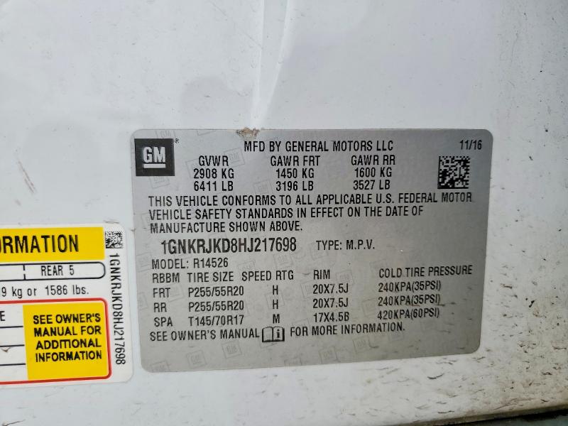 2017 Chevrolet Traverse მანქანა იყიდება აუქციონზე, vin: 1GNKRJKD8HJ217698, აუქციონის ნომერი: 54169416