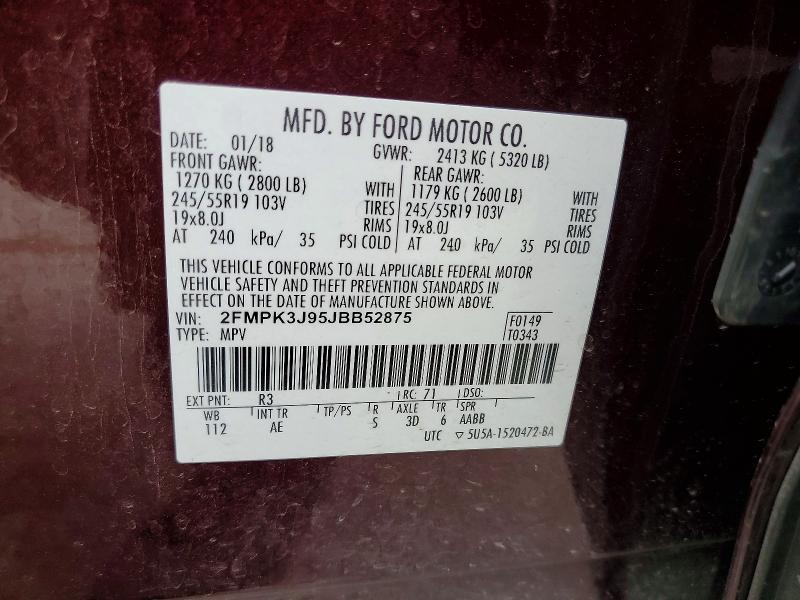 54216126 :رقم المزاد ، 2FMPK3J95JBB52875 vin ، 2018 Ford Edge مزاد بيع