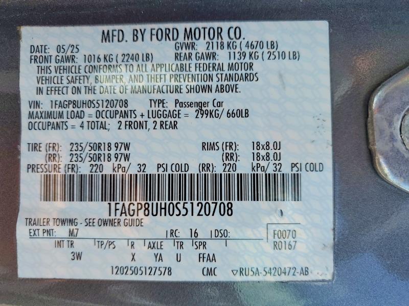 Auction sale of the 2025 Ford Mustang, vin: 1FAGP8UH0S5120708, lot number: 54300126