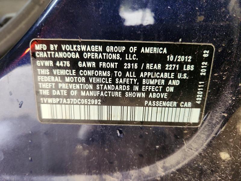 Aukcja sprzedaży 2013 Volkswagen Passat, vin: 1VWBP7A37DC052992, numer aukcji: 53962106