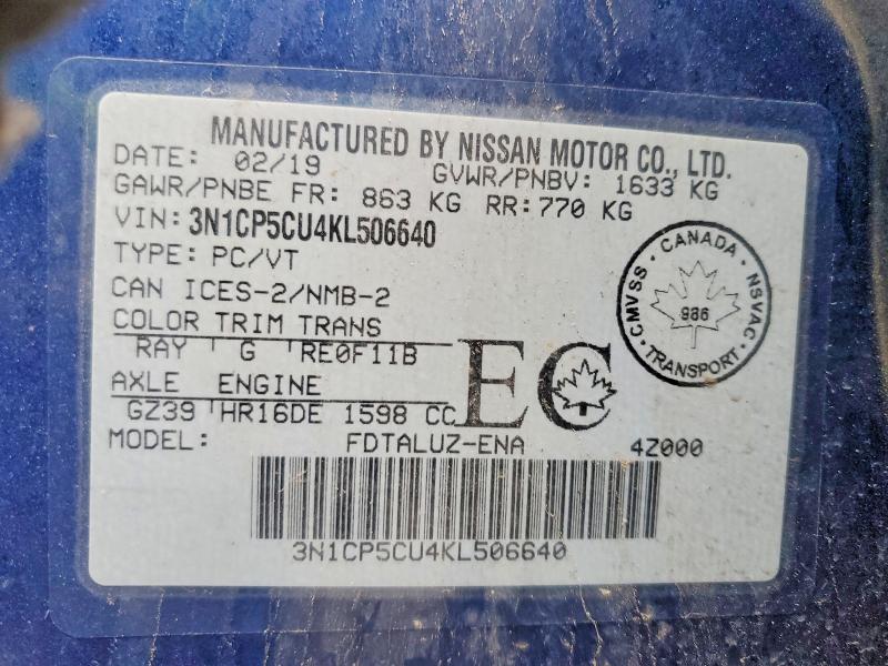51343706 :رقم المزاد ، 3N1CP5CU4KL506640 vin ، 2019 Nissan Kicks مزاد بيع
