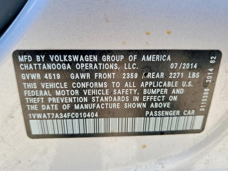 52765176 :رقم المزاد ، 1VWAT7A34FC010404 vin ، 2015 Volkswagen Passat مزاد بيع