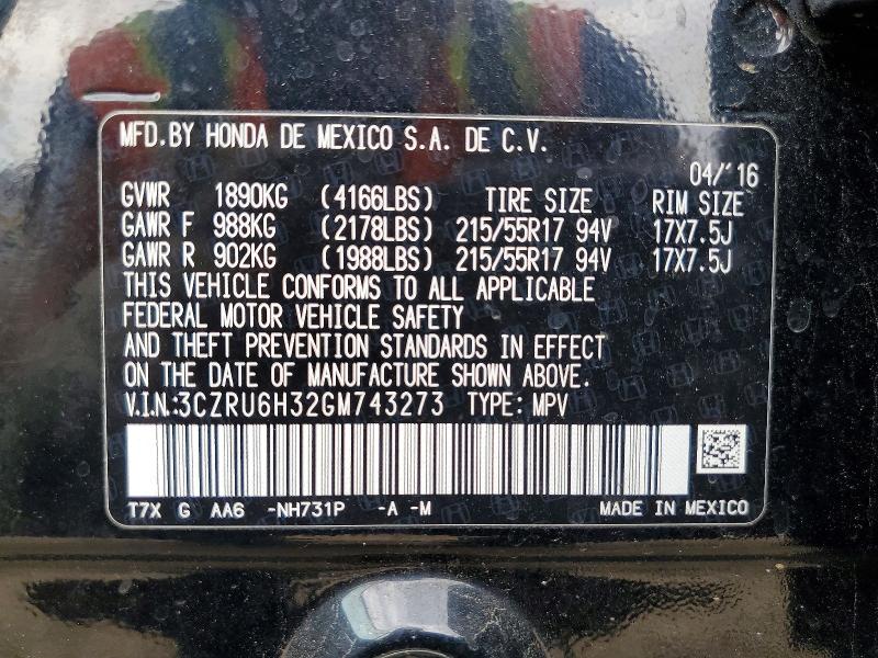 Aukcja sprzedaży 2016 Honda Hr-v, vin: 3CZRU6H32GM743273, numer aukcji: 53610576