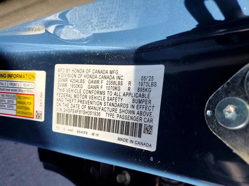 53412476 :رقم المزاد ، 2HGFE4F81SH351936 vin ، 2025 Honda Civic مزاد بيع
