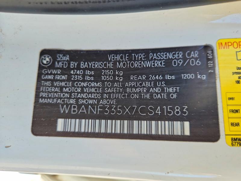 Продаж на аукціоні авто 2007 Bmw 525, vin: WBANF335X7CS41583, номер лоту: 49611326