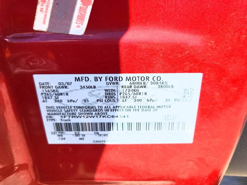 Aukcja sprzedaży 2007 Ford F150, vin: 1FTRW12W17KC64341, numer aukcji: 53654286
