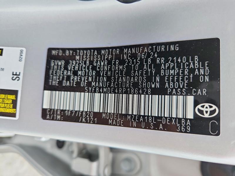 Продаж на аукціоні авто 2024 Toyota Corolla, vin: 5YFB4MDE4RP186428, номер лоту: 54496536