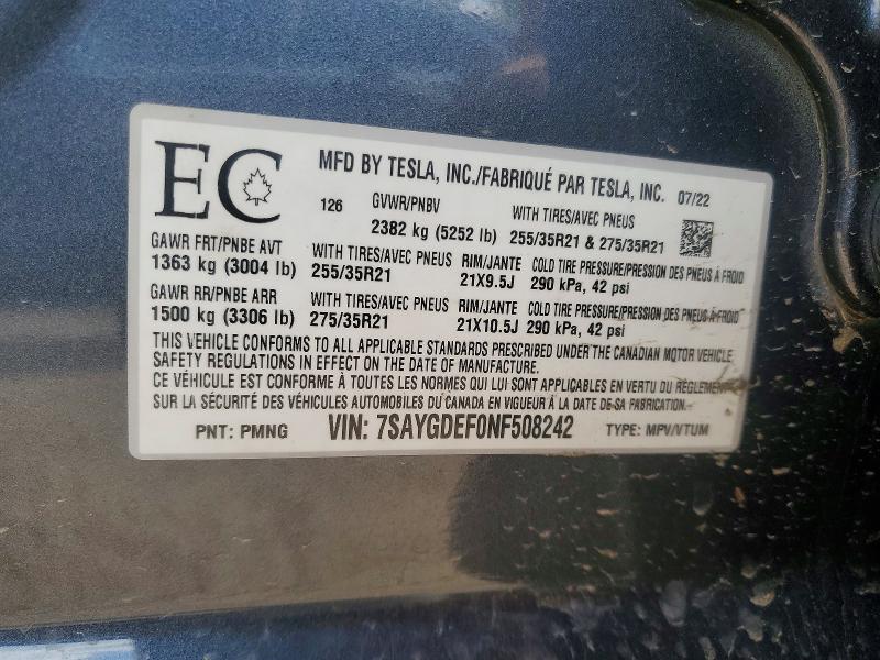 Продажа на аукционе авто 2022 Tesla Model Y, vin: 7SAYGDEF0NF508242, номер лота: 53744526
