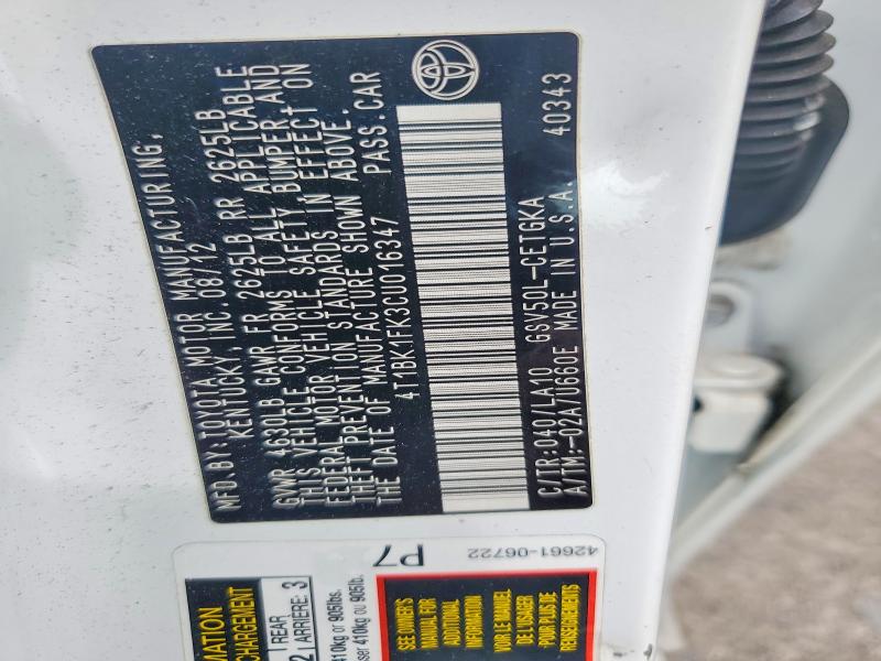 Aukcja sprzedaży 2012 Toyota Camry, vin: 4T1BK1FK3CU016347, numer aukcji: 54273686