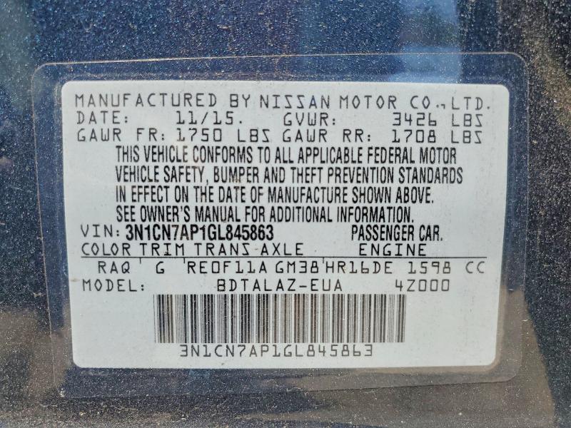 52839806 :رقم المزاد ، 3N1CN7AP1GL845863 vin ، 2016 Nissan Versa مزاد بيع