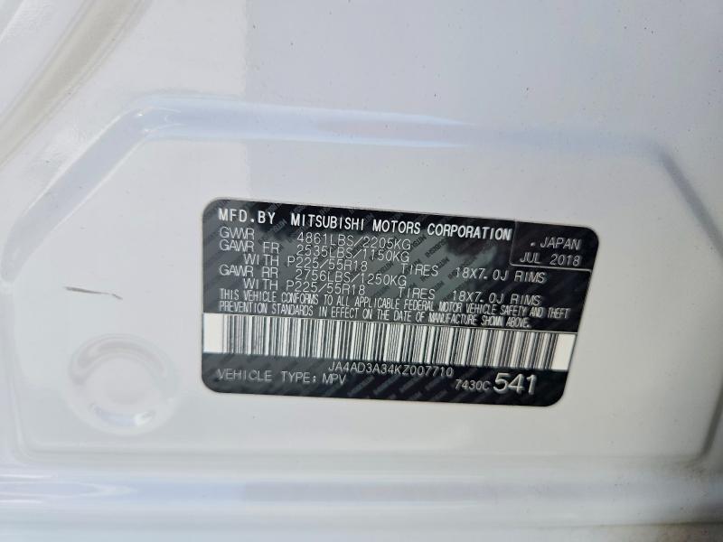 2019 Mitsubishi Outlander მანქანა იყიდება აუქციონზე, vin: JA4AD3A34KZ007710, აუქციონის ნომერი: 52955946