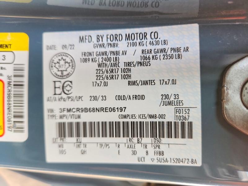 2022 Ford Bronco Sport მანქანა იყიდება აუქციონზე, vin: 3FMCR9B68NRE06197, აუქციონის ნომერი: 52357656