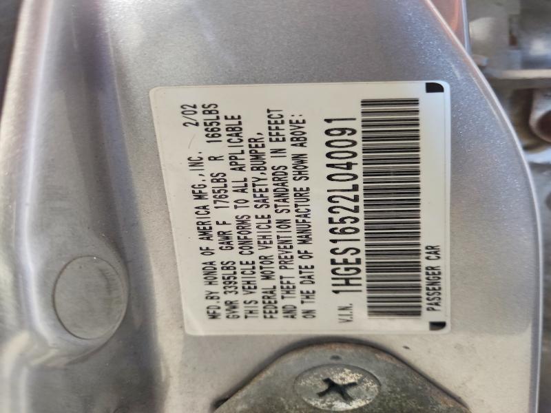 54300976 :رقم المزاد ، 1HGES16522L040091 vin ، 2002 Honda Civic مزاد بيع