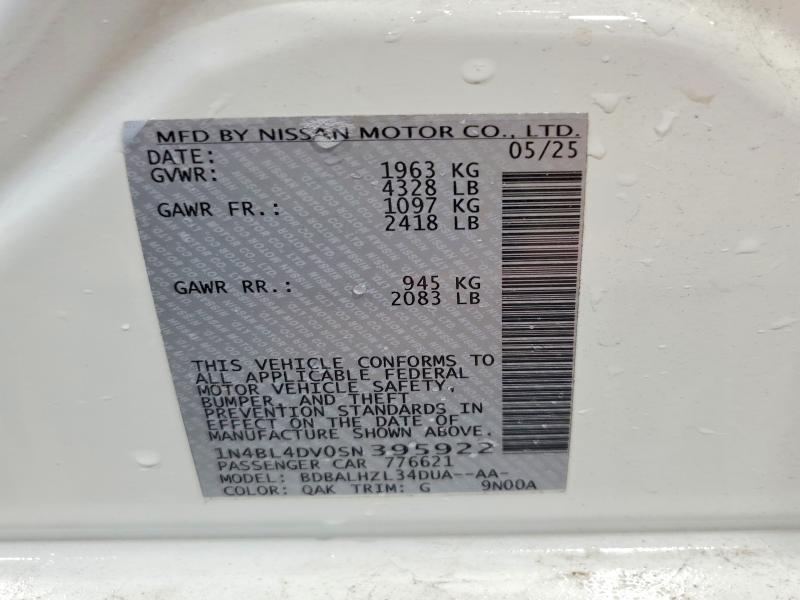 2025 Nissan Altima მანქანა იყიდება აუქციონზე, vin: 1N4BL4DV0SN395922, აუქციონის ნომერი: 53945136