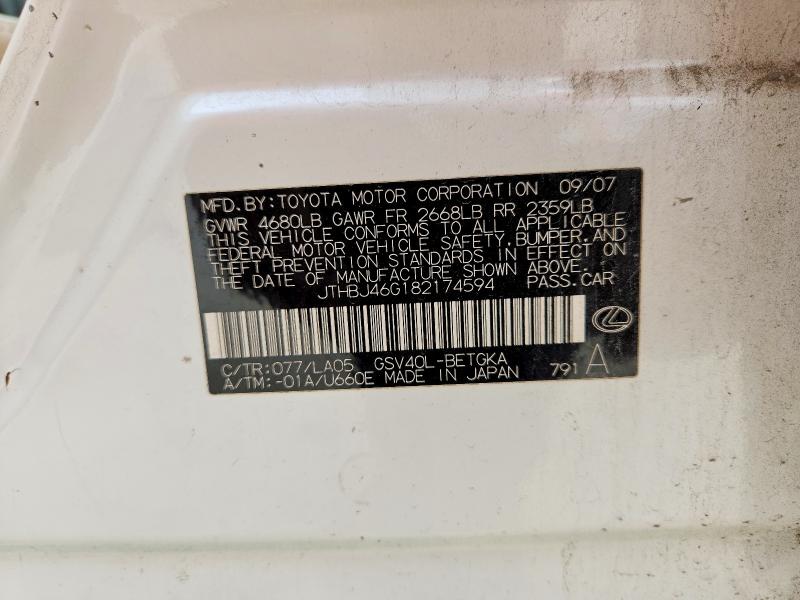 Продажа на аукционе авто 2008 Lexus Es, vin: JTHBJ46G182174594, номер лота: 52207236