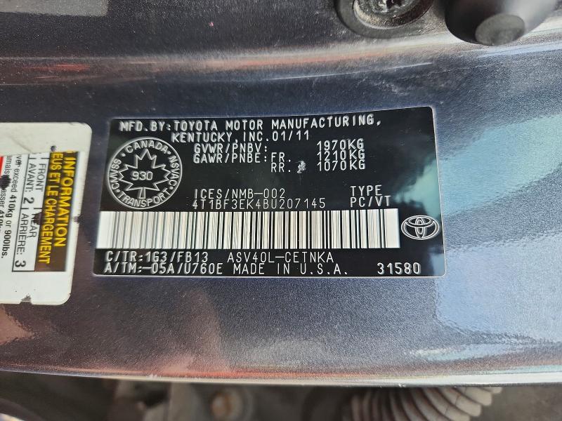 50991446 :رقم المزاد ، 4T1BF3EK4BU207145 vin ، 2011 Toyota Camry مزاد بيع