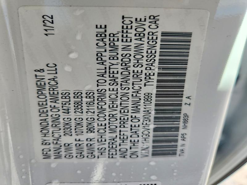 Продаж на аукціоні авто 2022 Honda Accord, vin: 1HGCV1F3XNA110899, номер лоту: 52705246