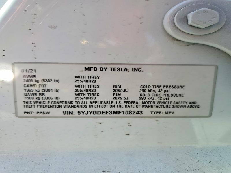 2021 Tesla Model Y მანქანა იყიდება აუქციონზე, vin: 5YJYGDEE3MF108243, აუქციონის ნომერი: 55605236
