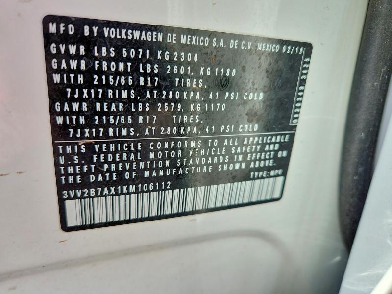 2019 Volkswagen Tiguan მანქანა იყიდება აუქციონზე, vin: 3VV2B7AX1KM106112, აუქციონის ნომერი: 51467606