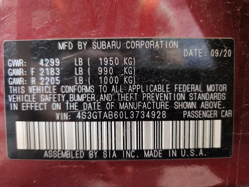 2020 Subaru Impreza მანქანა იყიდება აუქციონზე, vin: 4S3GTAB60L3734928, აუქციონის ნომერი: 54811186