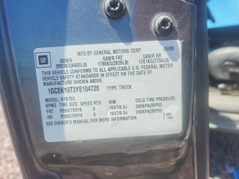 Aukcja sprzedaży 2000 Chevrolet Silverado, vin: 1GCEK19T3YE104726, numer aukcji: 53317526