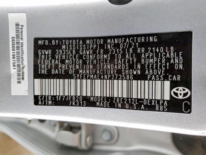 2022 Toyota Corolla მანქანა იყიდება აუქციონზე, vin: 5YFEPMAE4NP273586, აუქციონის ნომერი: 53813956