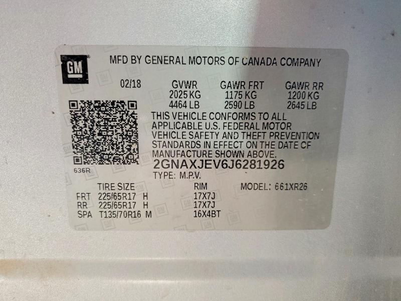 51825396 :رقم المزاد ، 2GNAXJEV6J6281926 vin ، 2018 Chevrolet Equinox مزاد بيع