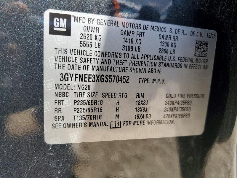 52073526 :رقم المزاد ، 3GYFNEE3XGS570452 vin ، 2016 Cadillac Srx مزاد بيع