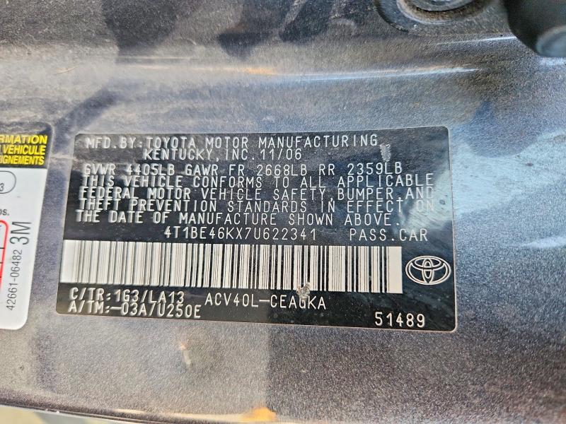 Aukcja sprzedaży 2007 Toyota Camry, vin: 4T1BE46KX7U622341, numer aukcji: 54148436