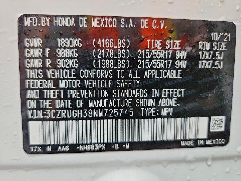 2022 Honda Hr-v მანქანა იყიდება აუქციონზე, vin: 3CZRU6H38NM725745, აუქციონის ნომერი: 54272236