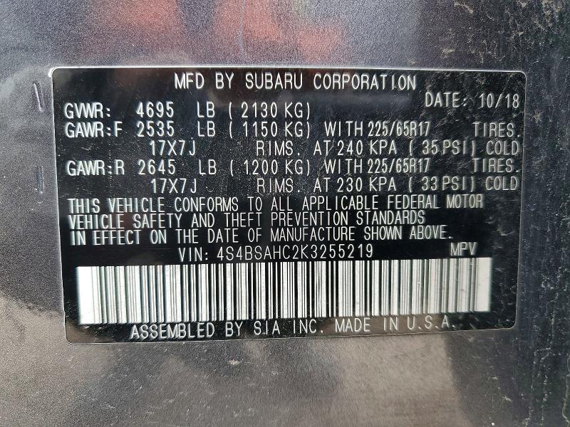 Продажа на аукционе авто 2019 Subaru Outback, vin: 4S4BSAHC2K3255219, номер лота: 52539746