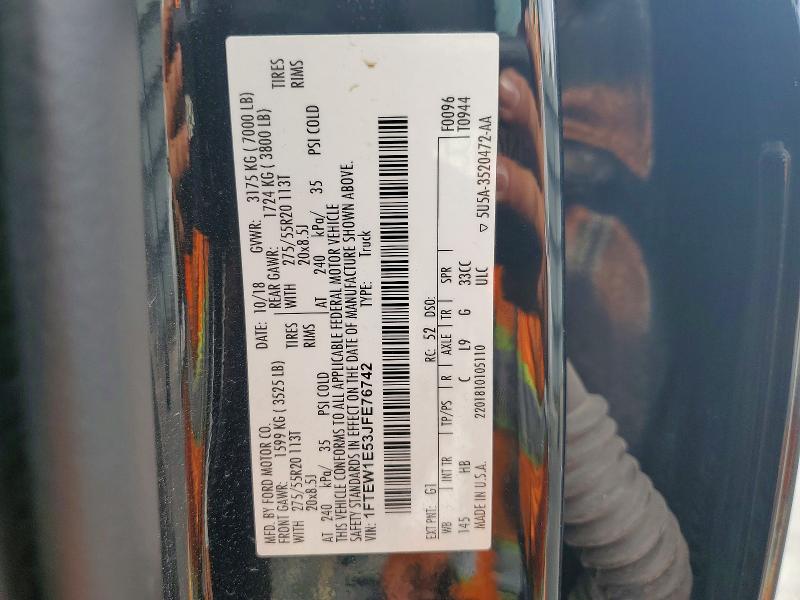 2018 Ford F150 მანქანა იყიდება აუქციონზე, vin: 1FTEW1E53JFE76742, აუქციონის ნომერი: 54487326