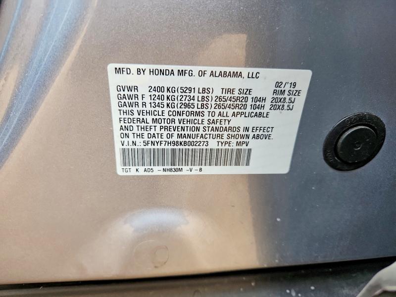 Aukcja sprzedaży 2019 Honda Passport, vin: 5FNYF7H98KB002273, numer aukcji: 54468426