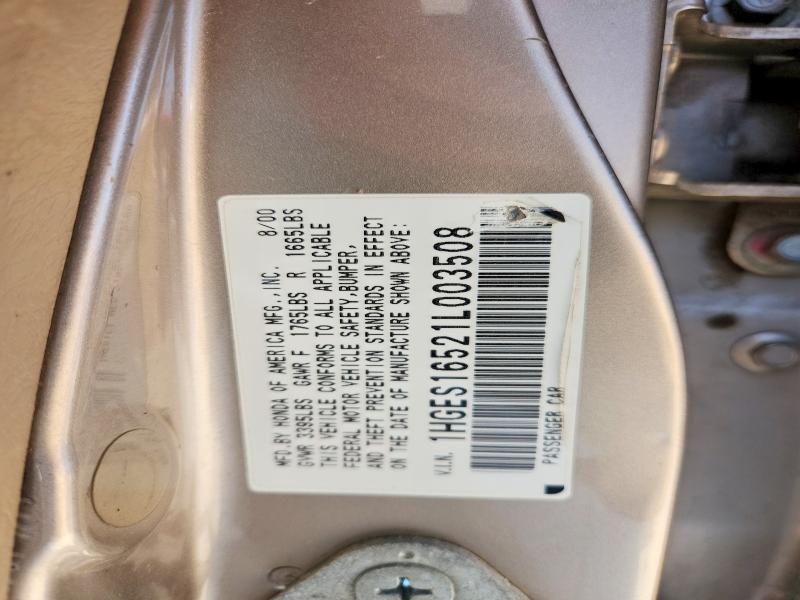 Auction sale of the 2001 Honda Civic, vin: 1HGES16521L003508, lot number: 54486646