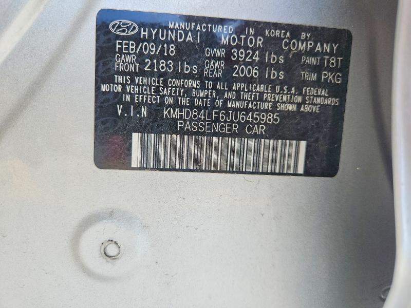 2018 Hyundai Elantra მანქანა იყიდება აუქციონზე, vin: KMHD84LF6JU645985, აუქციონის ნომერი: 52057836