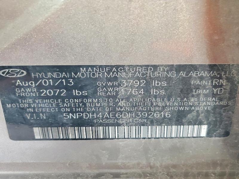 2013 Hyundai Elantra მანქანა იყიდება აუქციონზე, vin: 5NPDH4AE6DH392616, აუქციონის ნომერი: 52472756