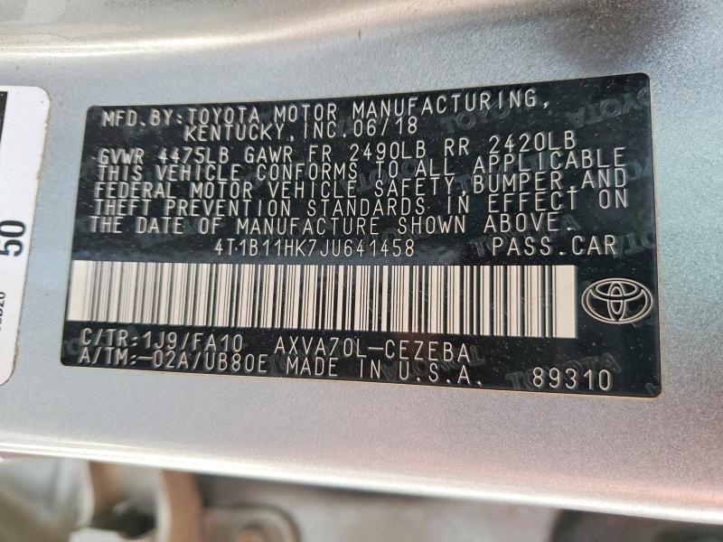 Продажа на аукционе авто 2018 Toyota Camry, vin: 4T1B11HK7JU641458, номер лота: 52468096