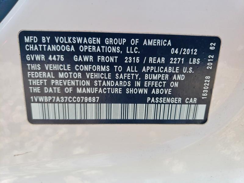Продаж на аукціоні авто 2012 Volkswagen Passat, vin: 1VWBP7A37CC079687, номер лоту: 54859306