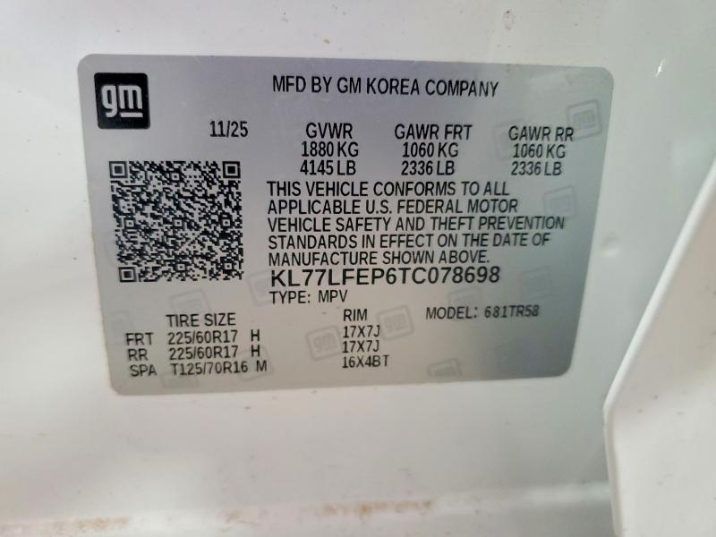 2026 Chevrolet Trax მანქანა იყიდება აუქციონზე, vin: KL77LFEP6TC078698, აუქციონის ნომერი: 53407146