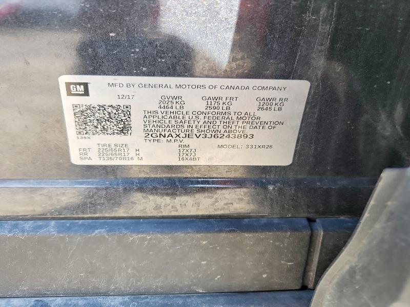 Aukcja sprzedaży 2018 Chevrolet Equinox, vin: 2GNAXJEV3J6243893, numer aukcji: 52545566