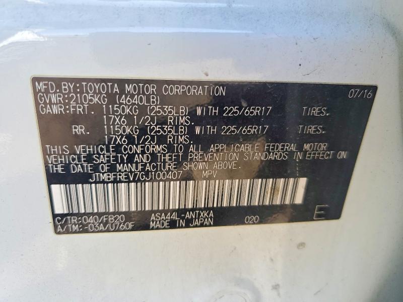 53309906 :رقم المزاد ، JTMBFREV7GJ100407 vin ، 2016 Toyota Rav4 مزاد بيع