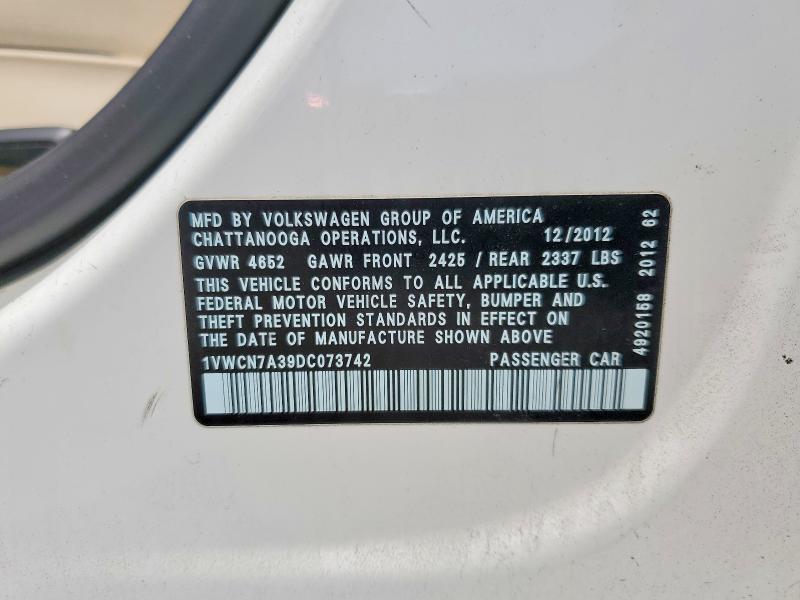 53263836 :رقم المزاد ، 1VWCN7A39DC073742 vin ، 2013 Volkswagen Passat مزاد بيع